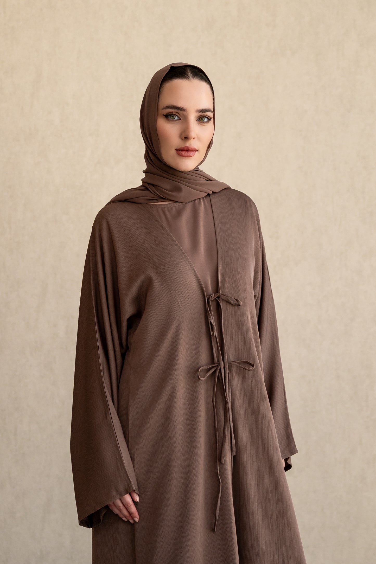 Bow-tie Cardigan abaya set - Mocha