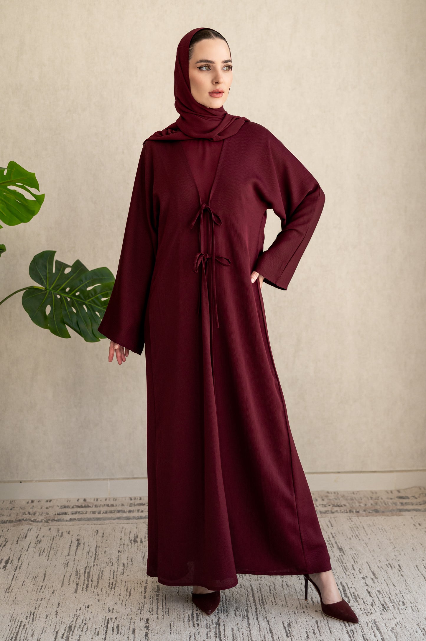 Bow-tie Cardigan abaya set - Burgundy