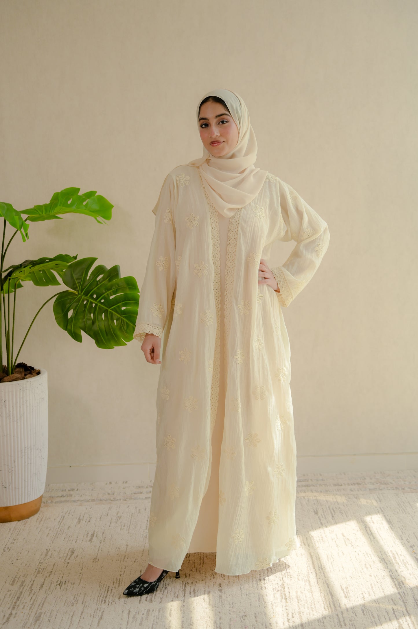 . Floral crochet abaya set
