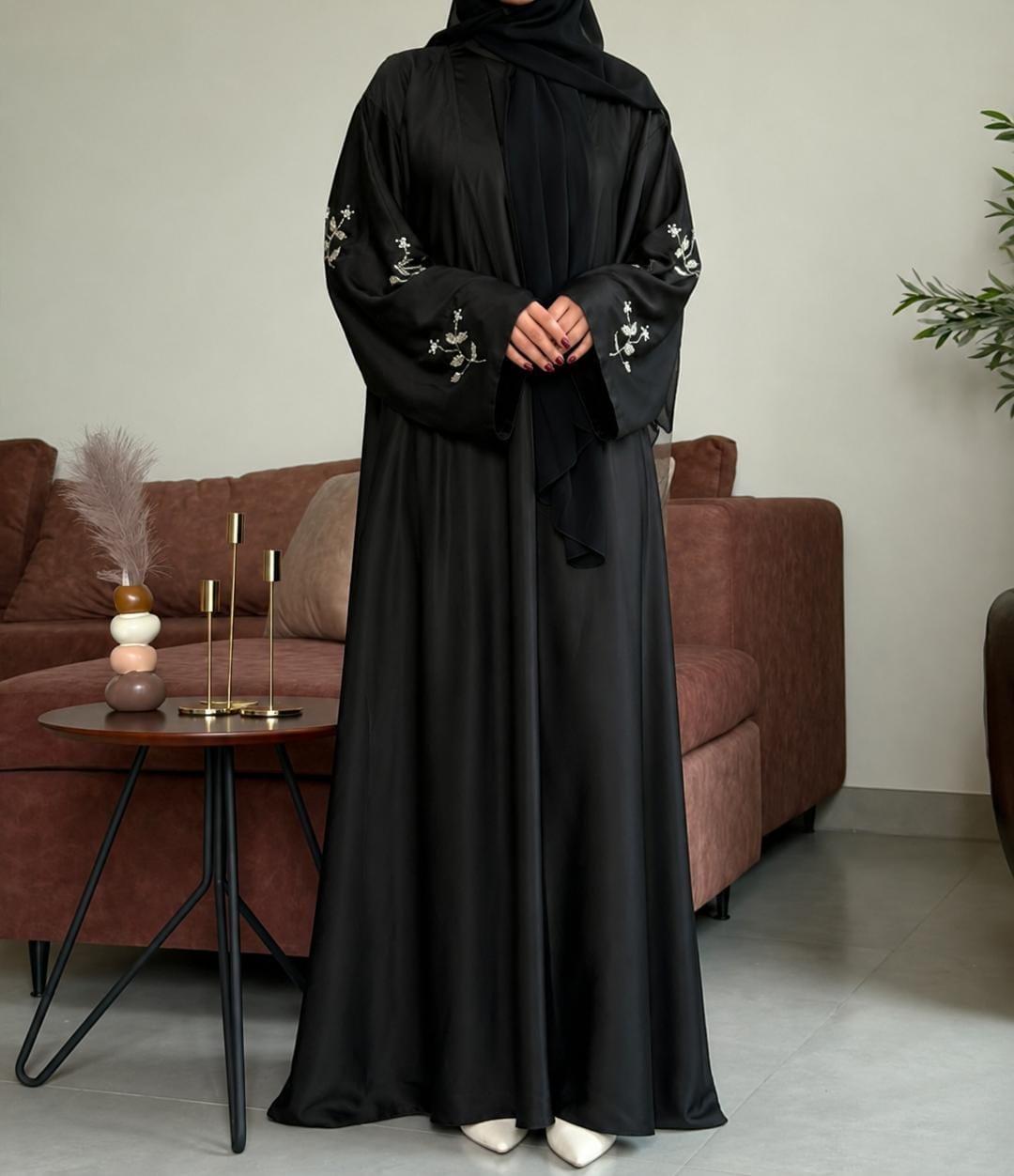 . Noir Silk Embellished Abaya