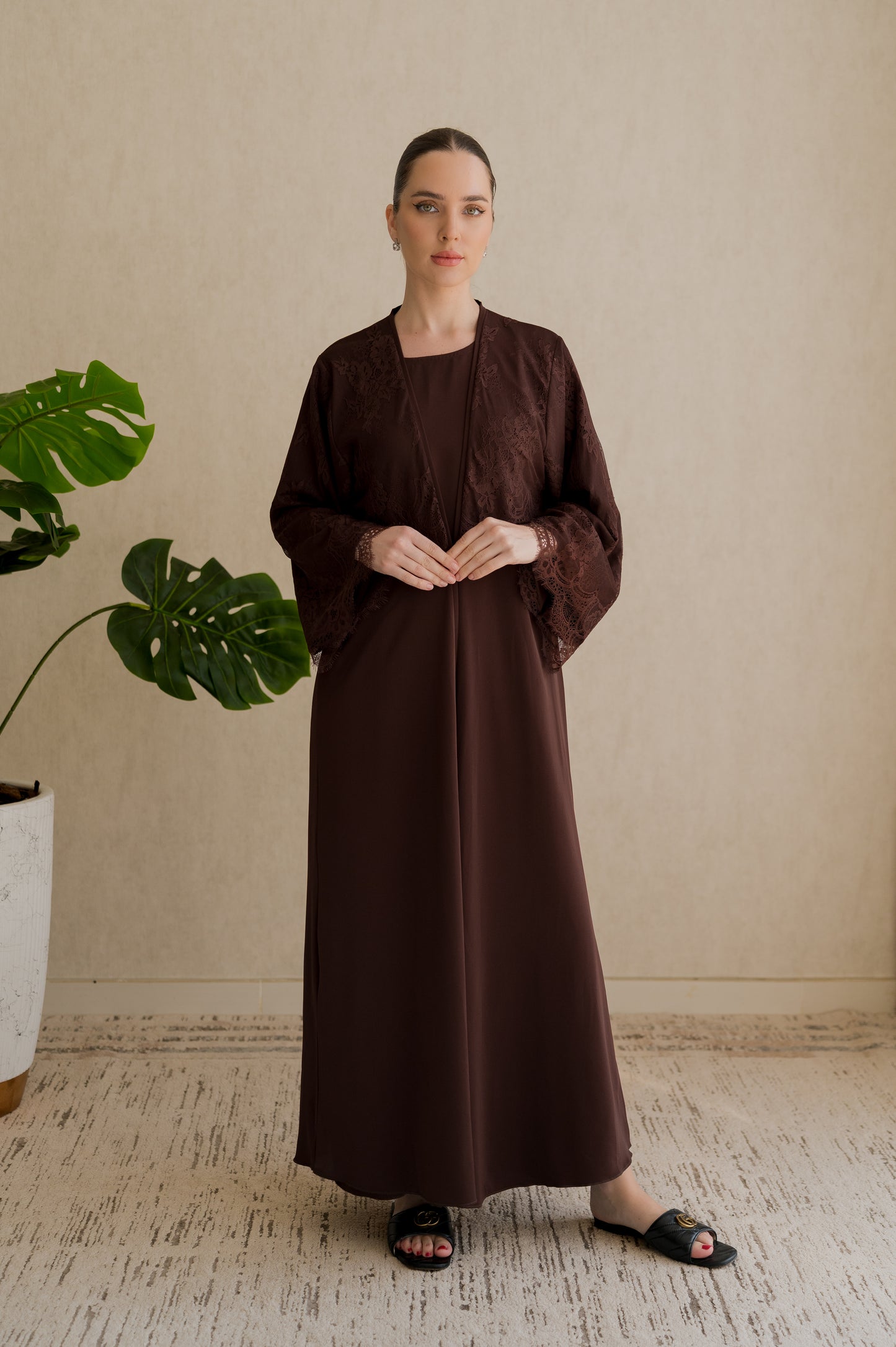 Lace Overlay Abaya- Chestnut
