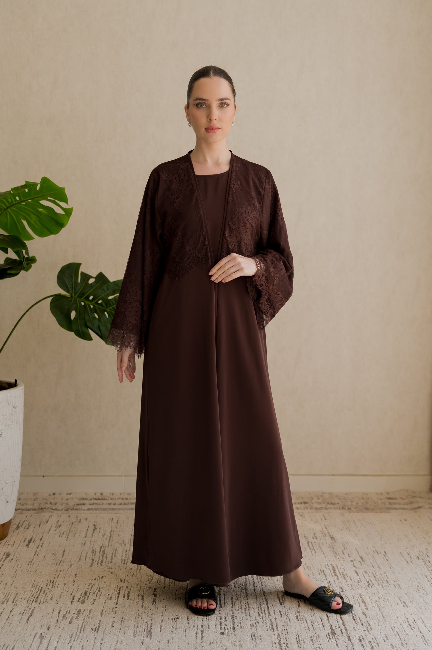 Lace Overlay Abaya- Chestnut