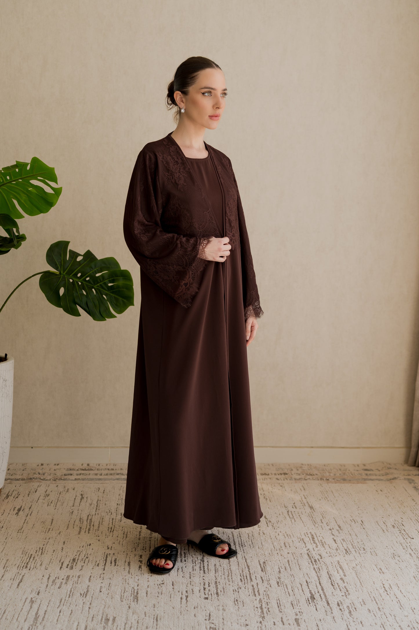 Lace Overlay Abaya- Chestnut