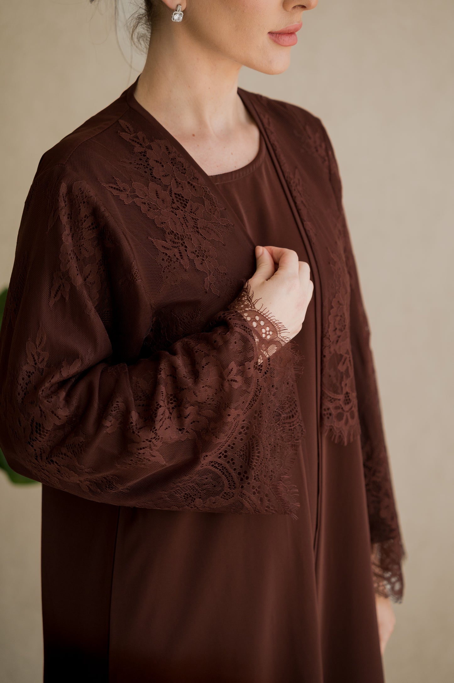 Lace Overlay Abaya- Chestnut