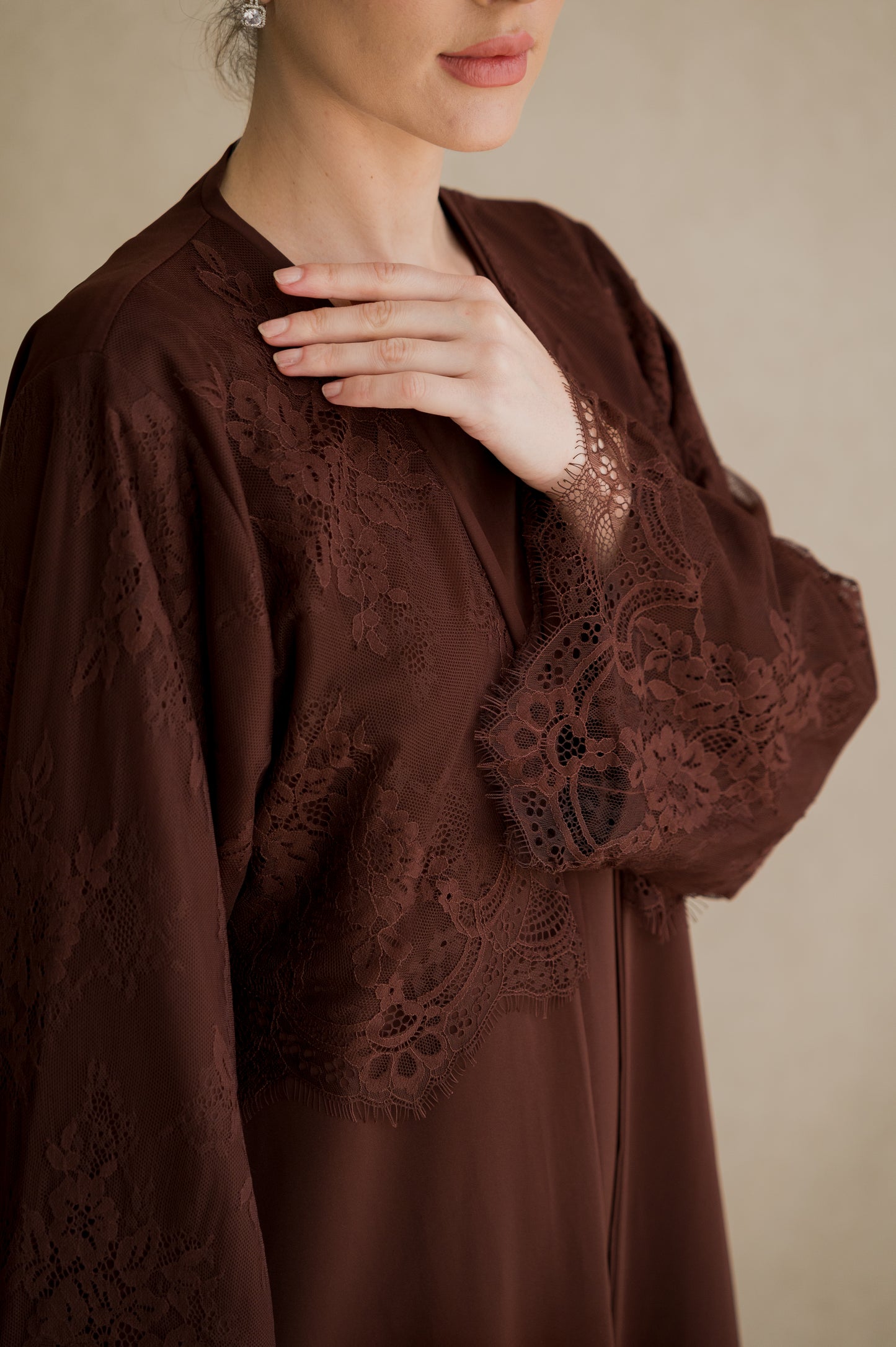 Lace Overlay Abaya- Chestnut