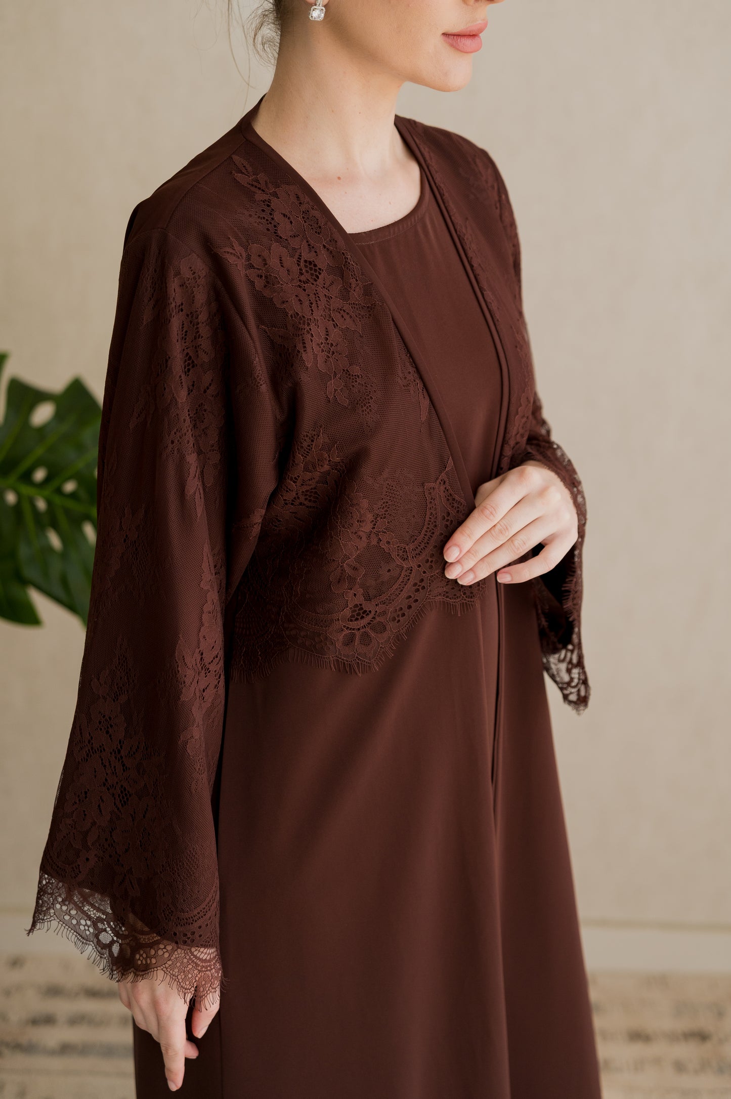 Lace Overlay Abaya- Chestnut