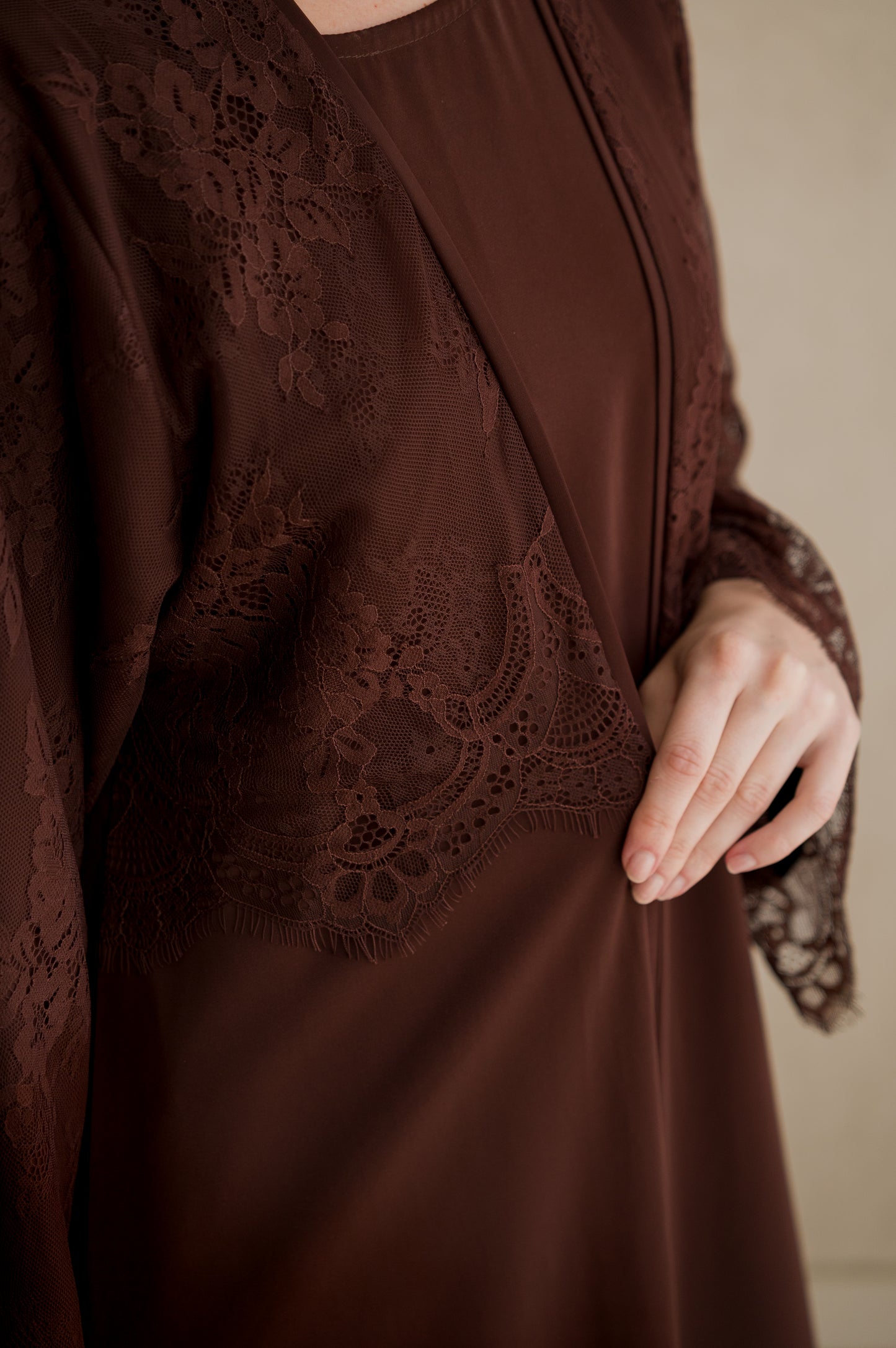 Lace Overlay Abaya- Chestnut