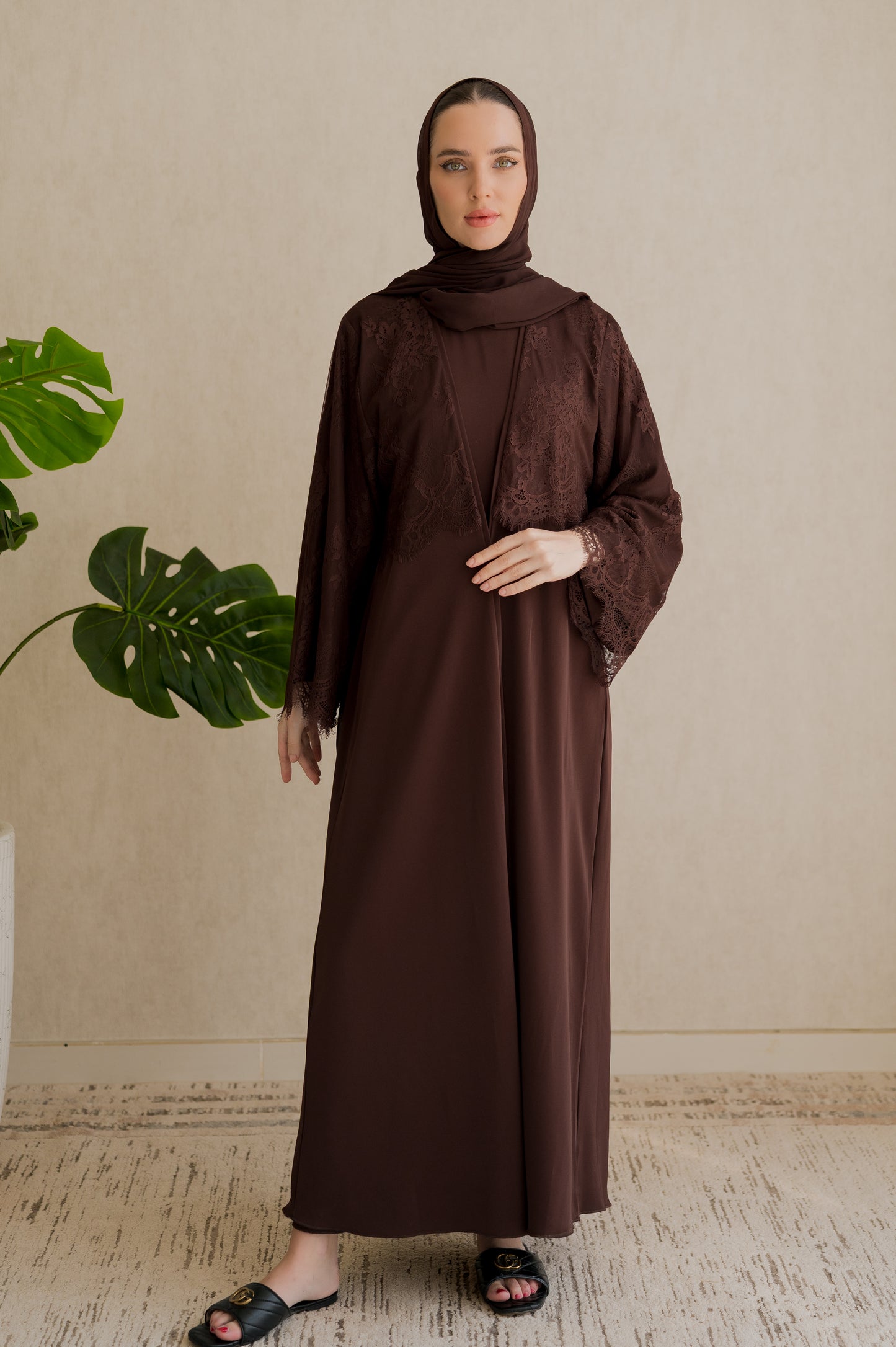 Lace Overlay Abaya- Chestnut