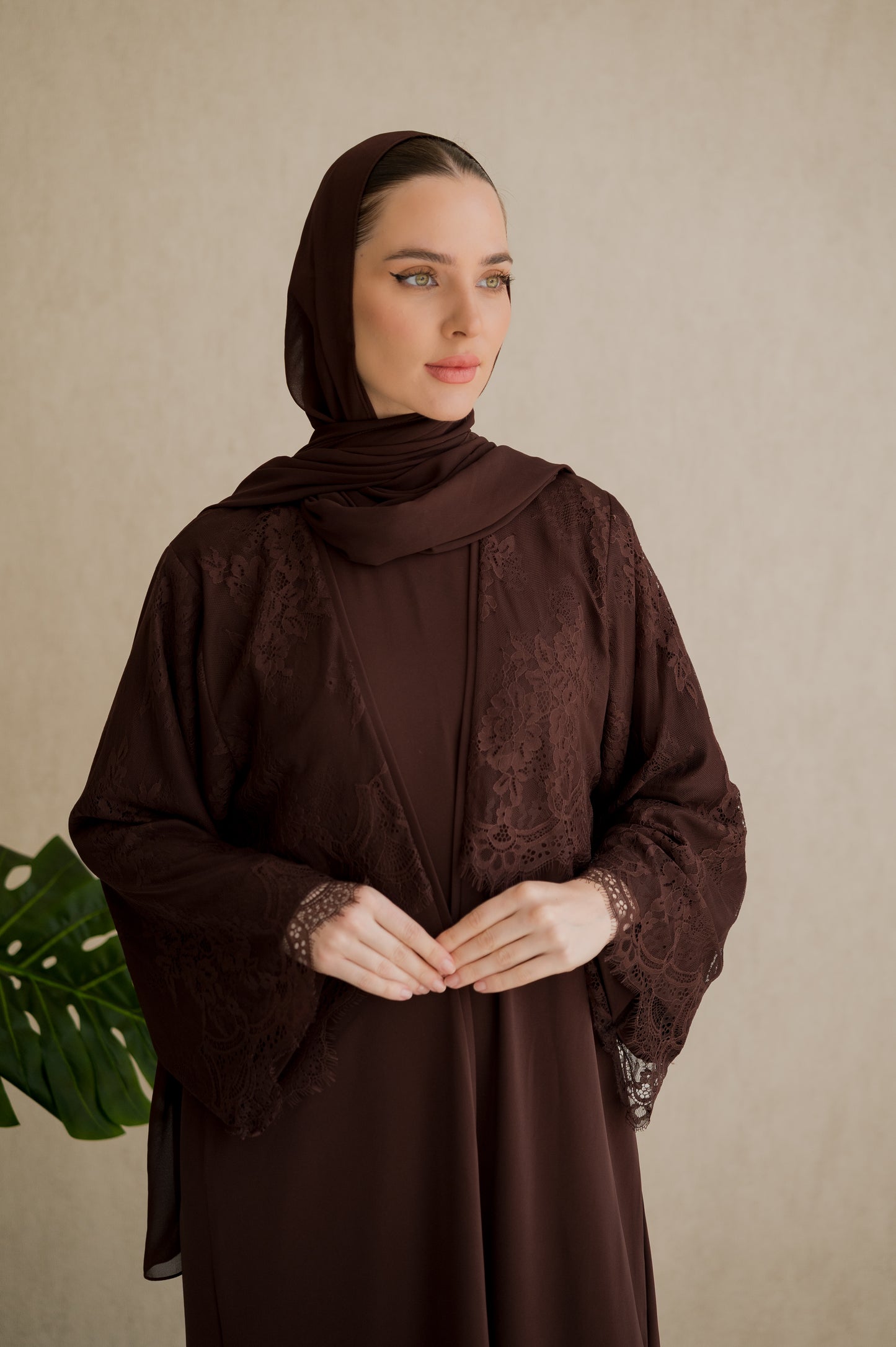 Lace Overlay Abaya- Chestnut