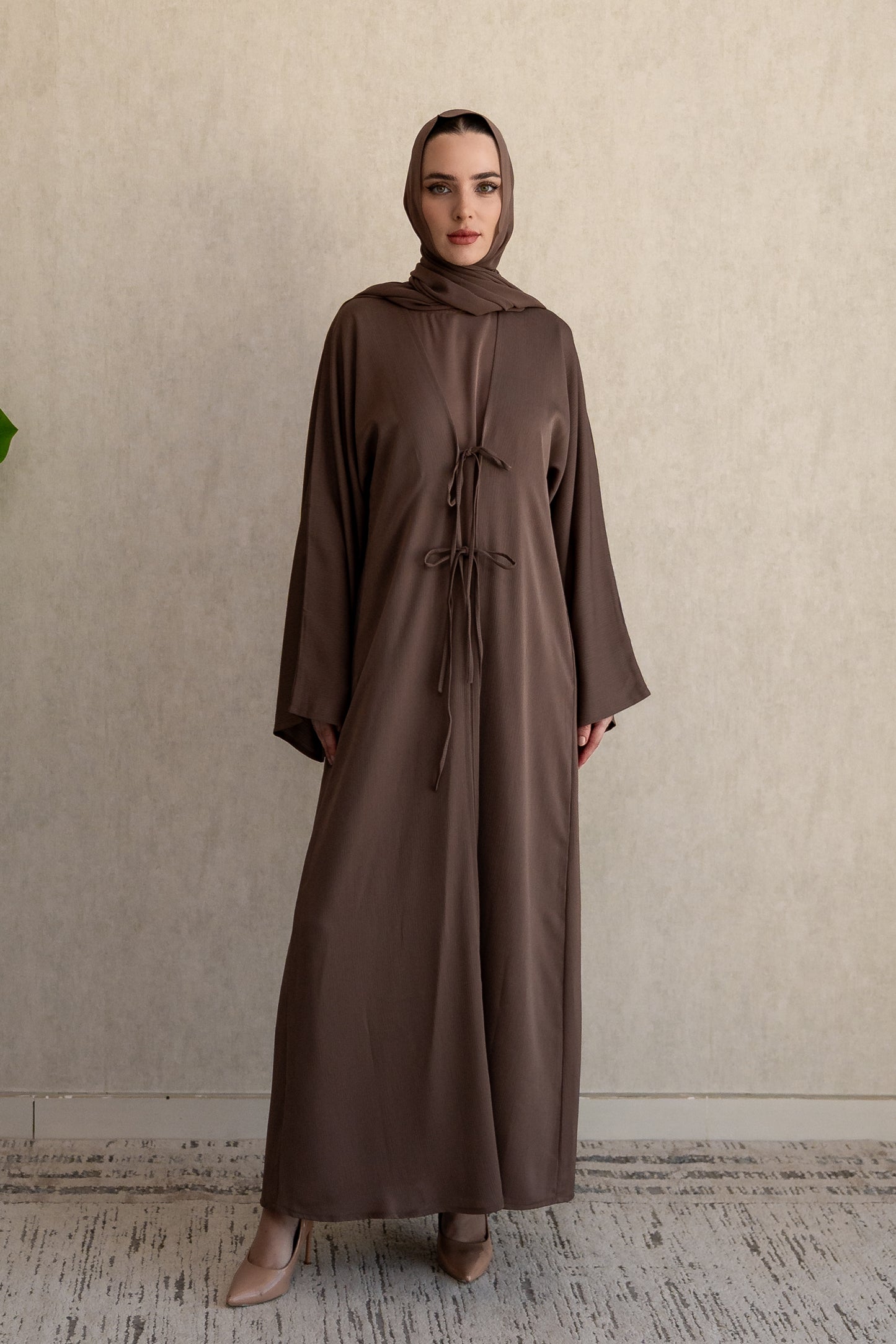 Bow-tie Cardigan abaya set - Mocha