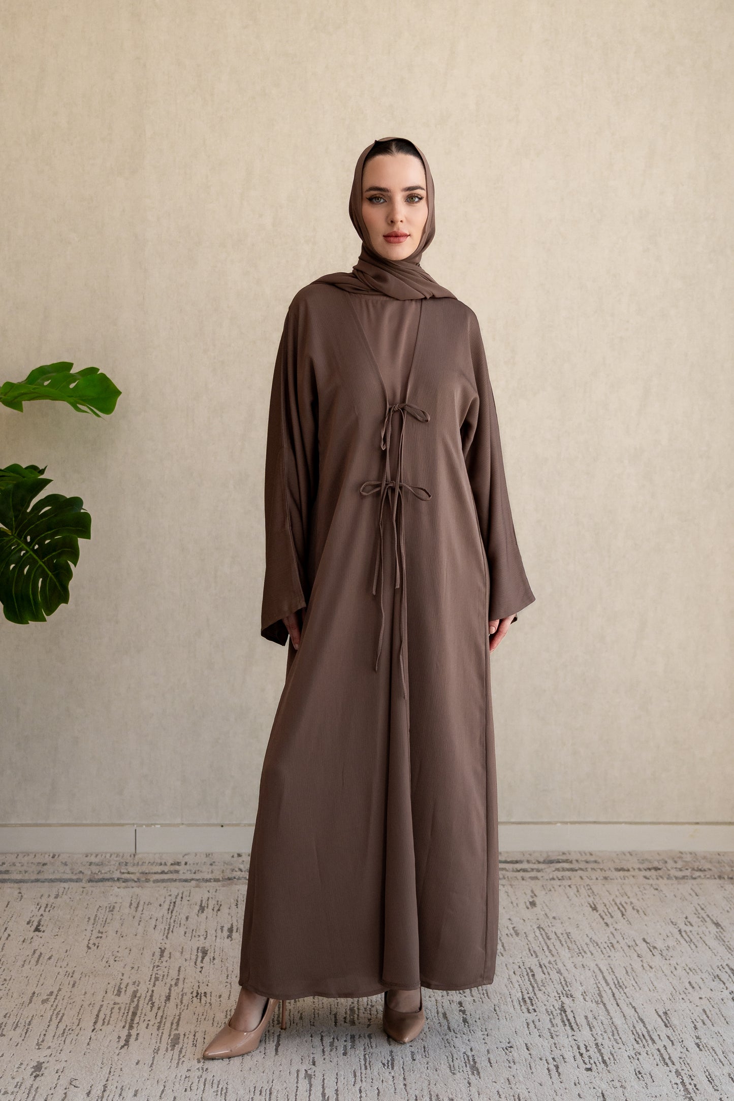 Bow-tie Cardigan abaya set - Mocha