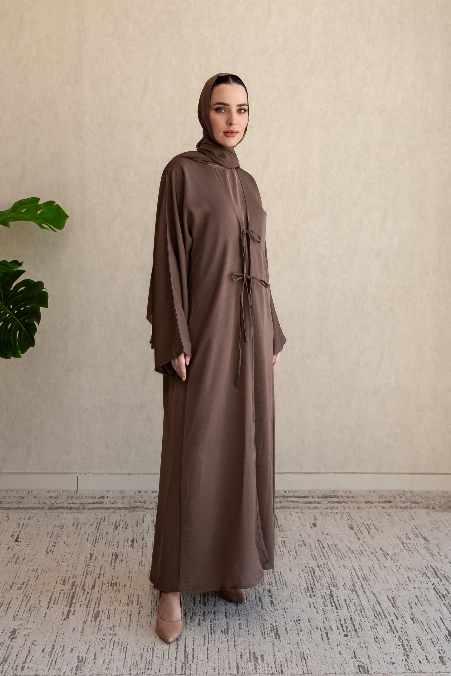 Bow-tie Cardigan abaya set - Mocha