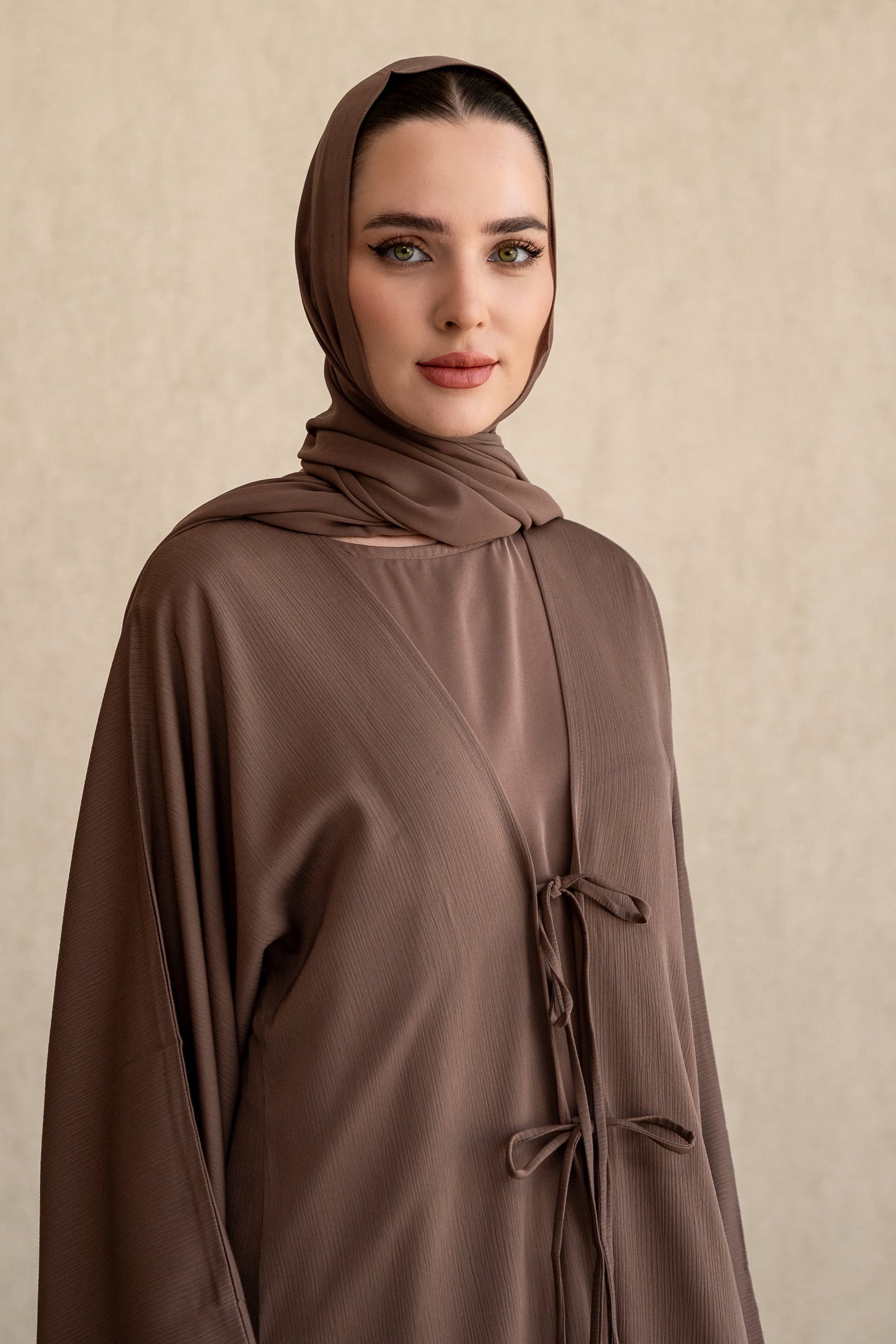 Bow-tie Cardigan abaya set - Mocha