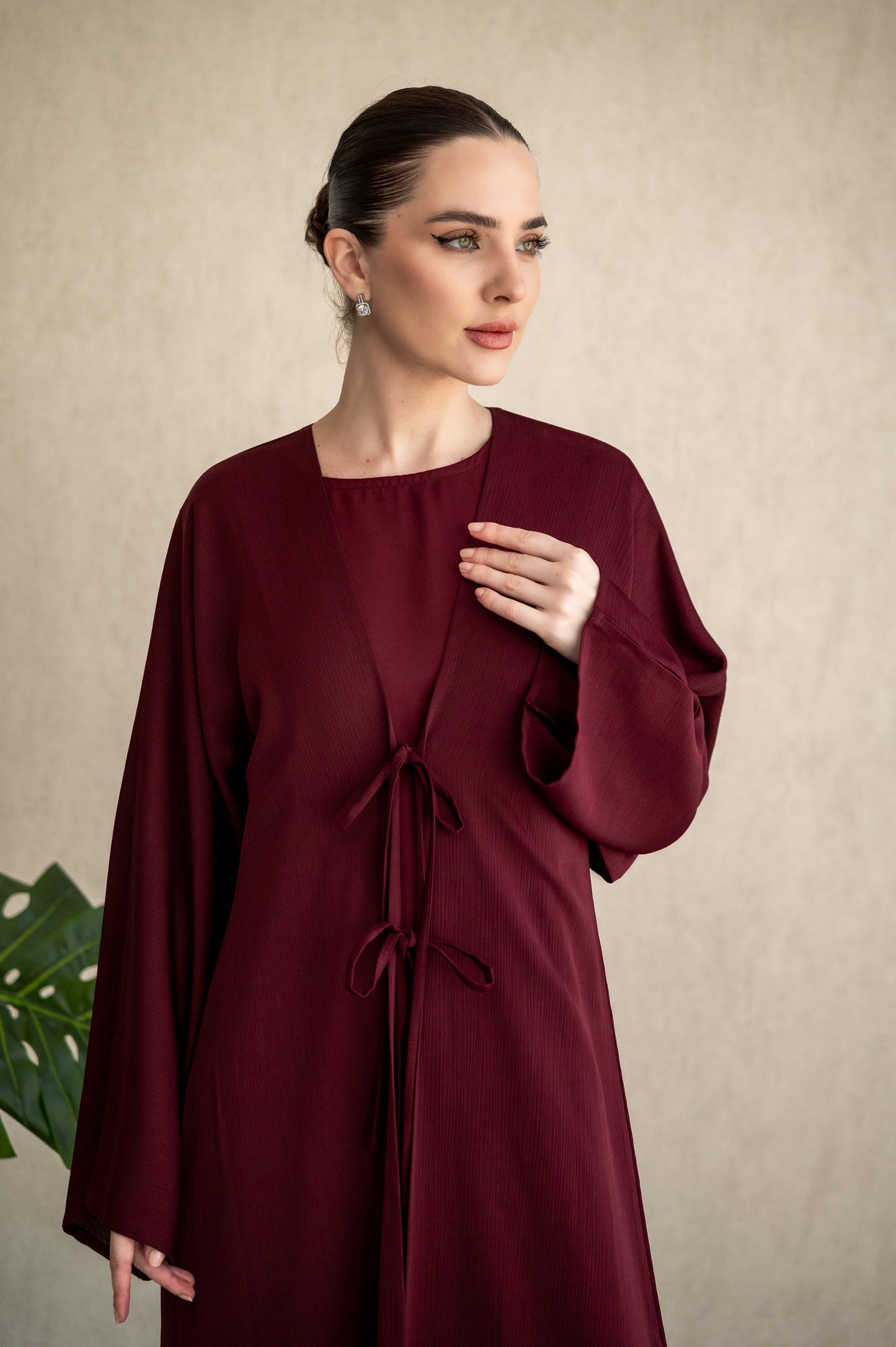 Bow-tie Cardigan abaya set - Burgundy