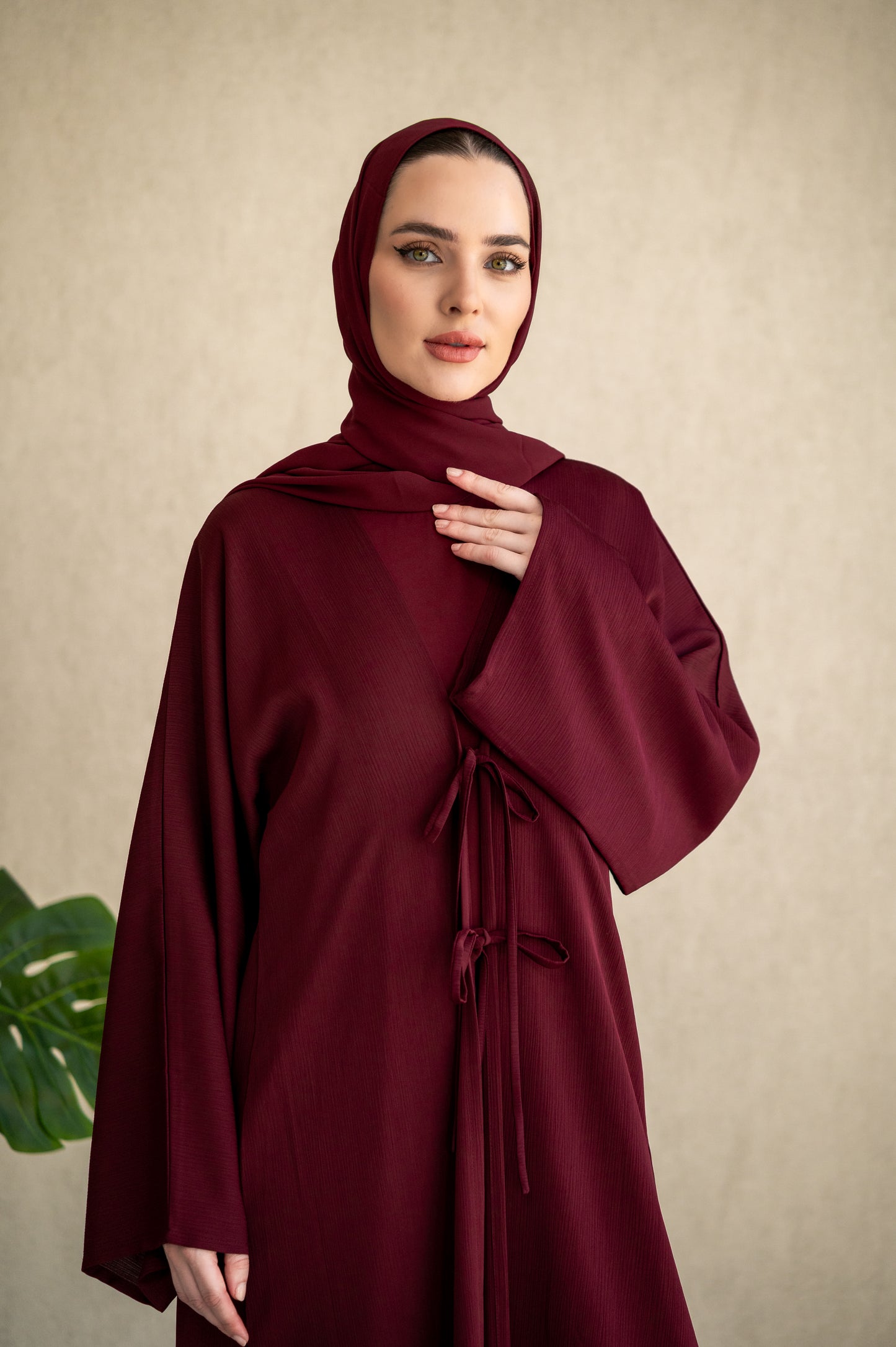 Bow-tie Cardigan abaya set - Burgundy