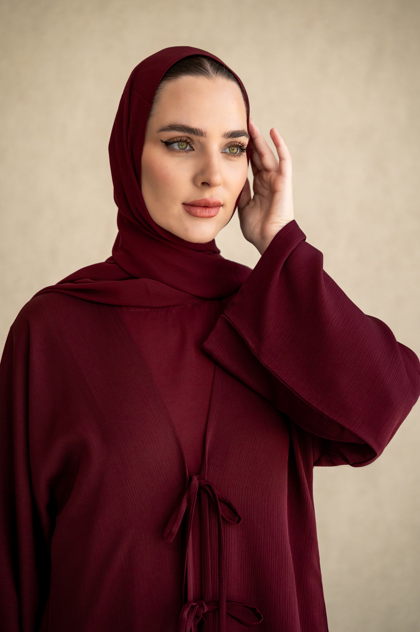 Bow-tie Cardigan abaya set - Burgundy