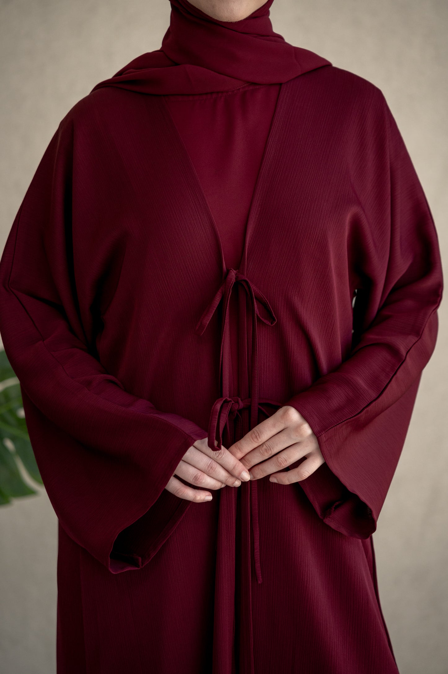 Bow-tie Cardigan abaya set - Burgundy