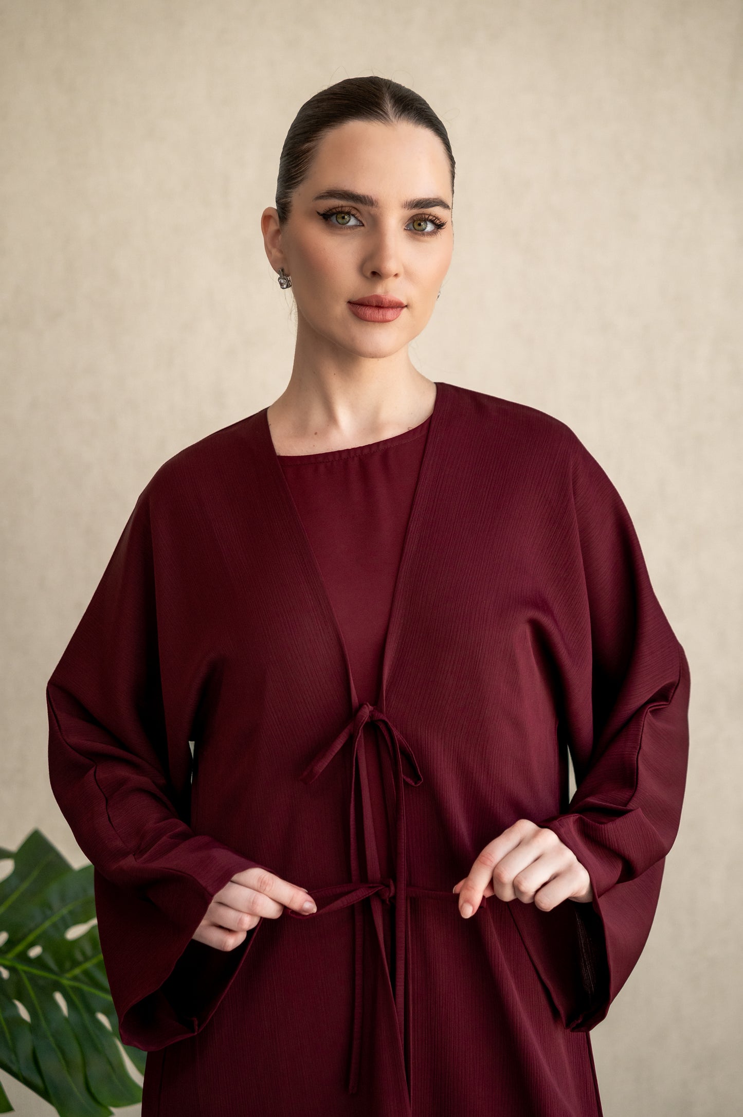 Bow-tie Cardigan abaya set - Burgundy