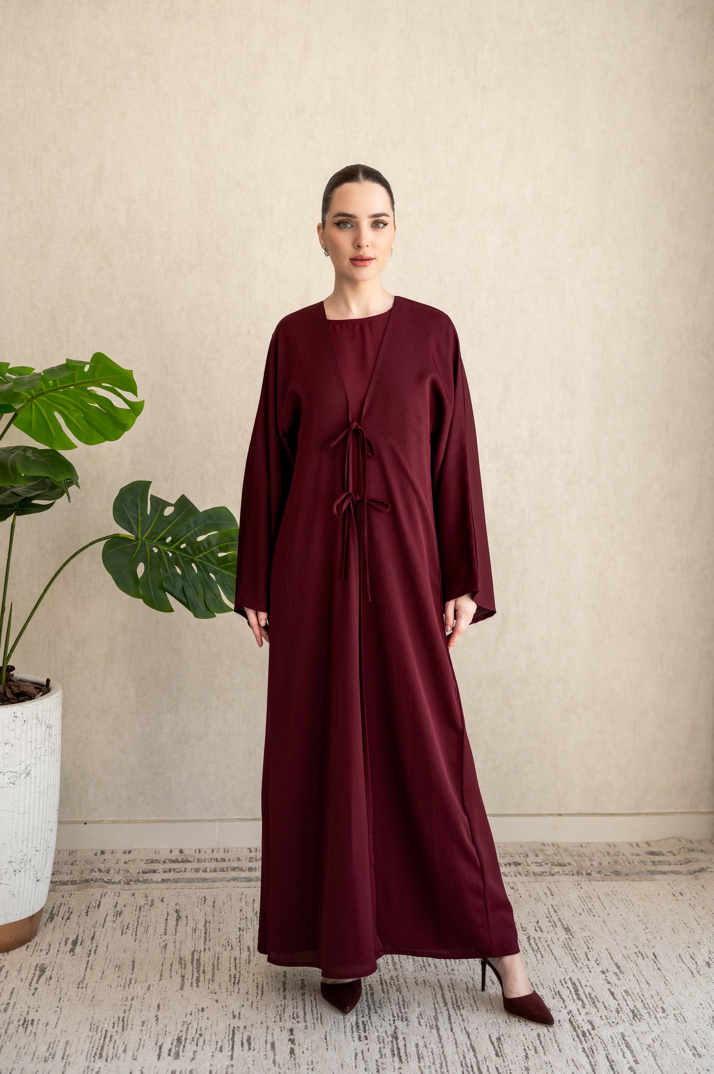 Bow-tie Cardigan abaya set - Burgundy