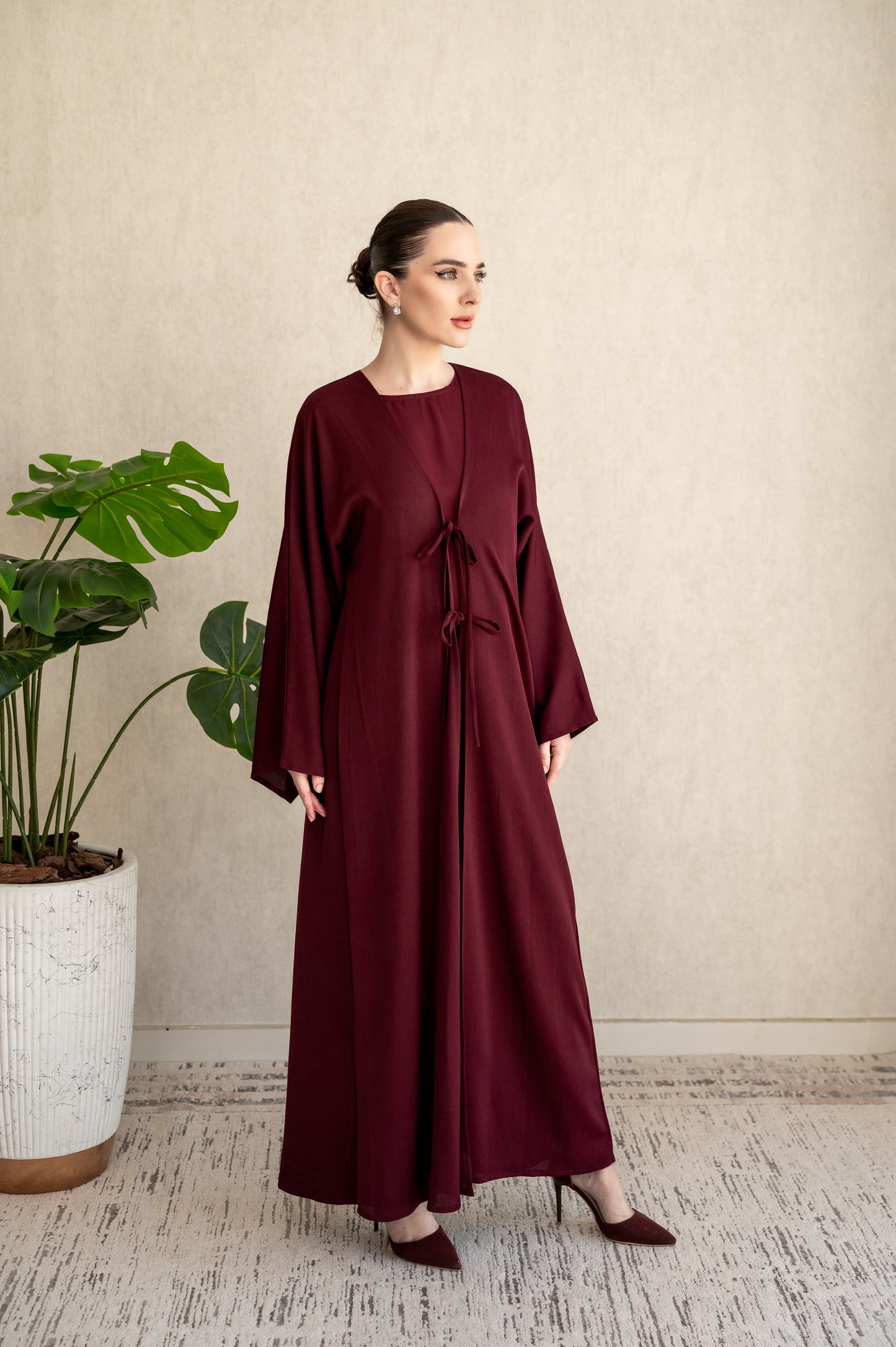 Bow-tie Cardigan abaya set - Burgundy