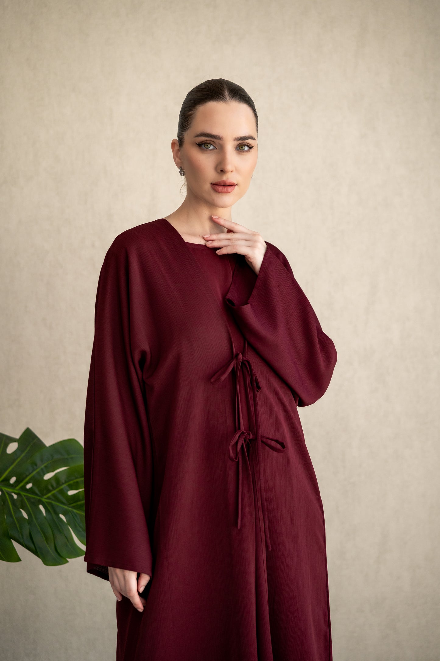 Bow-tie Cardigan abaya set - Burgundy