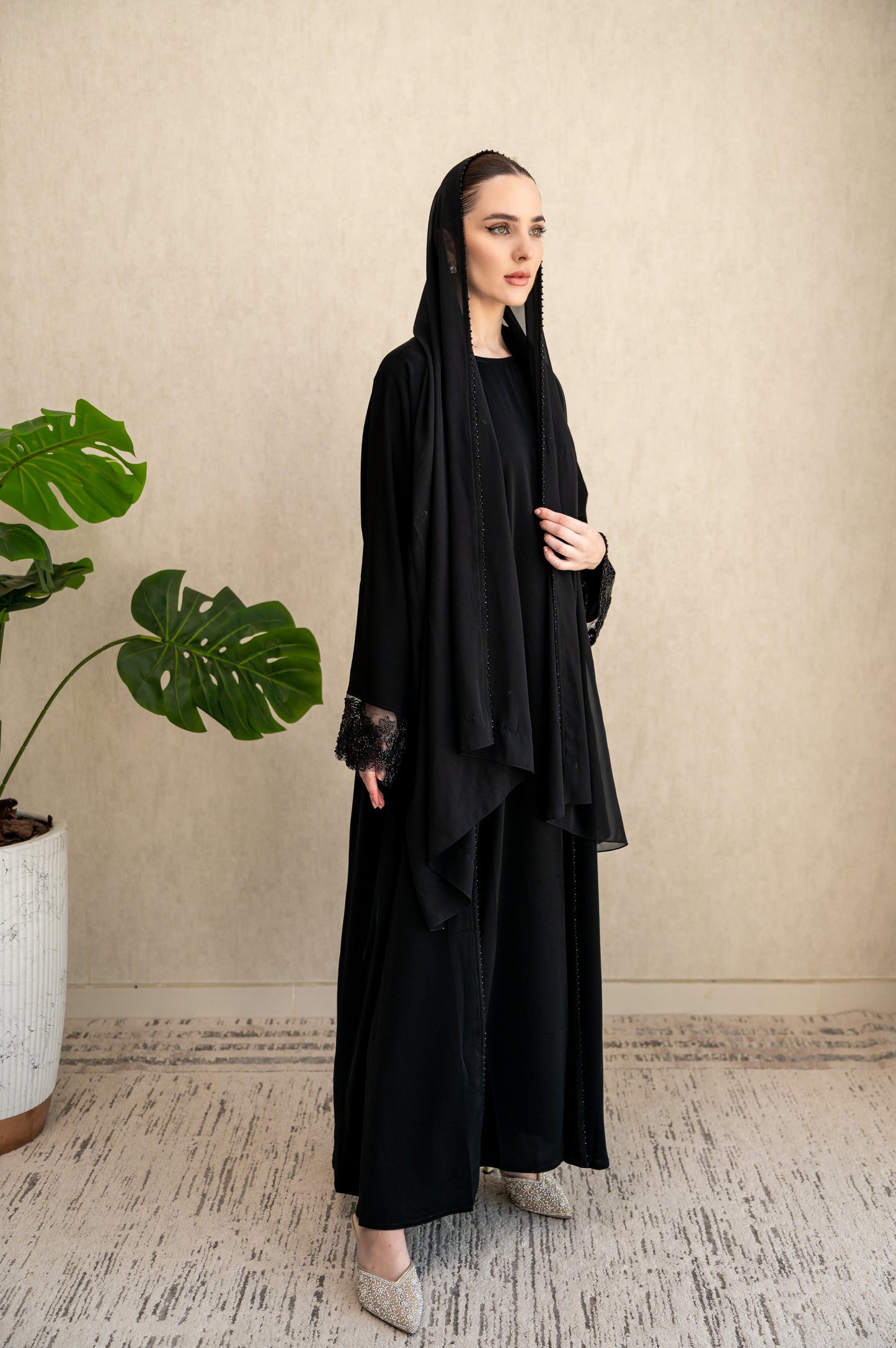 Midnight Studded Lace Abaya