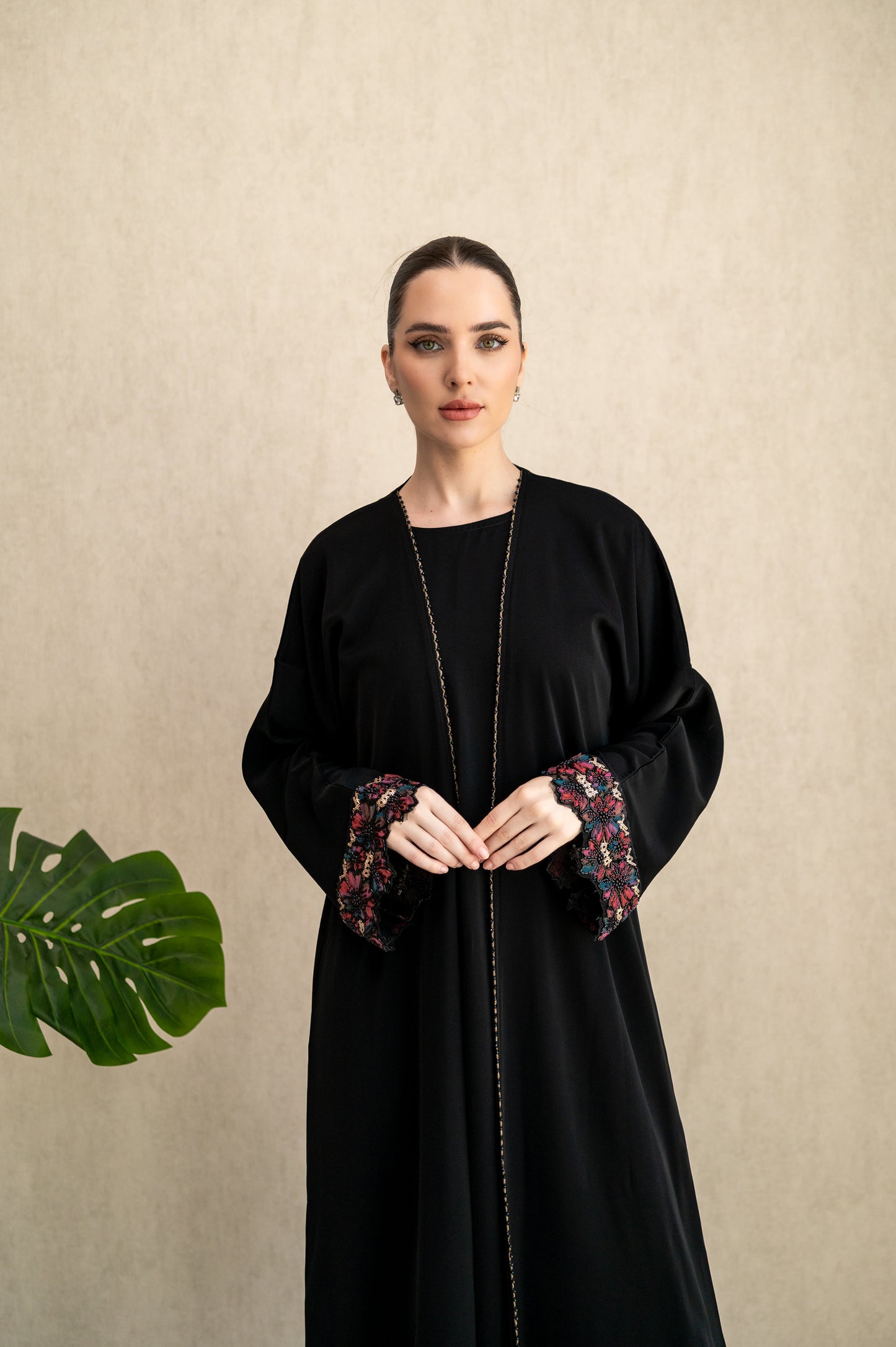 Black Blossom Embroidered Cuff Abaya