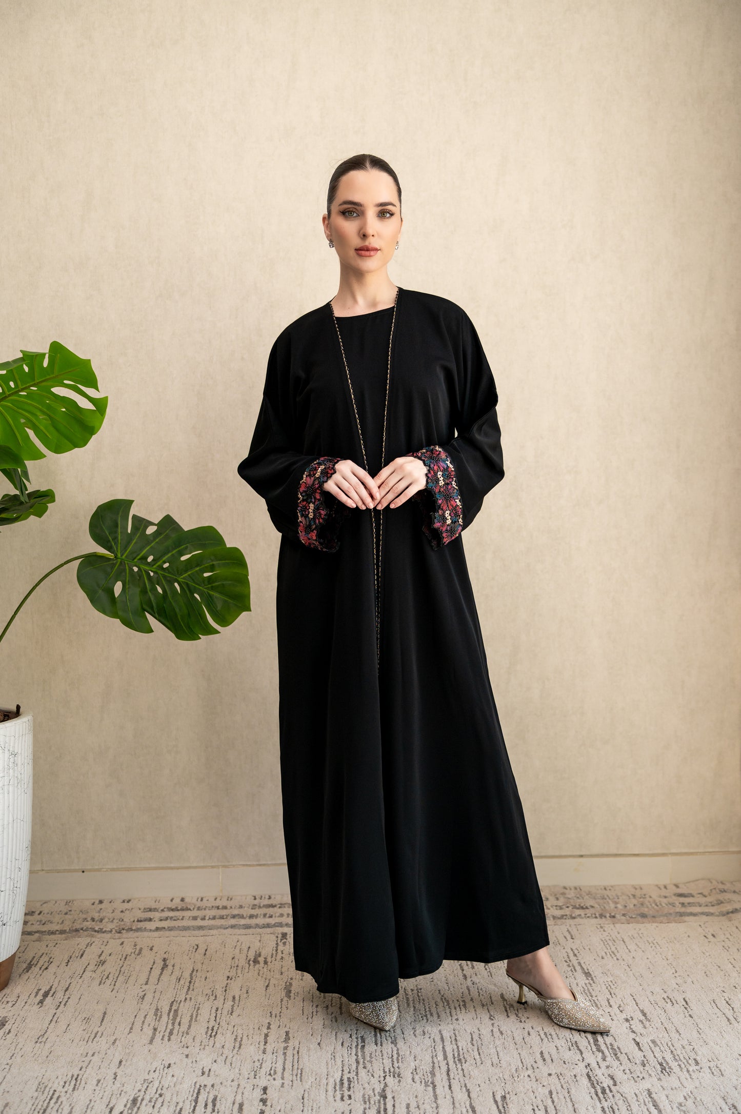 Black Blossom Embroidered Cuff Abaya