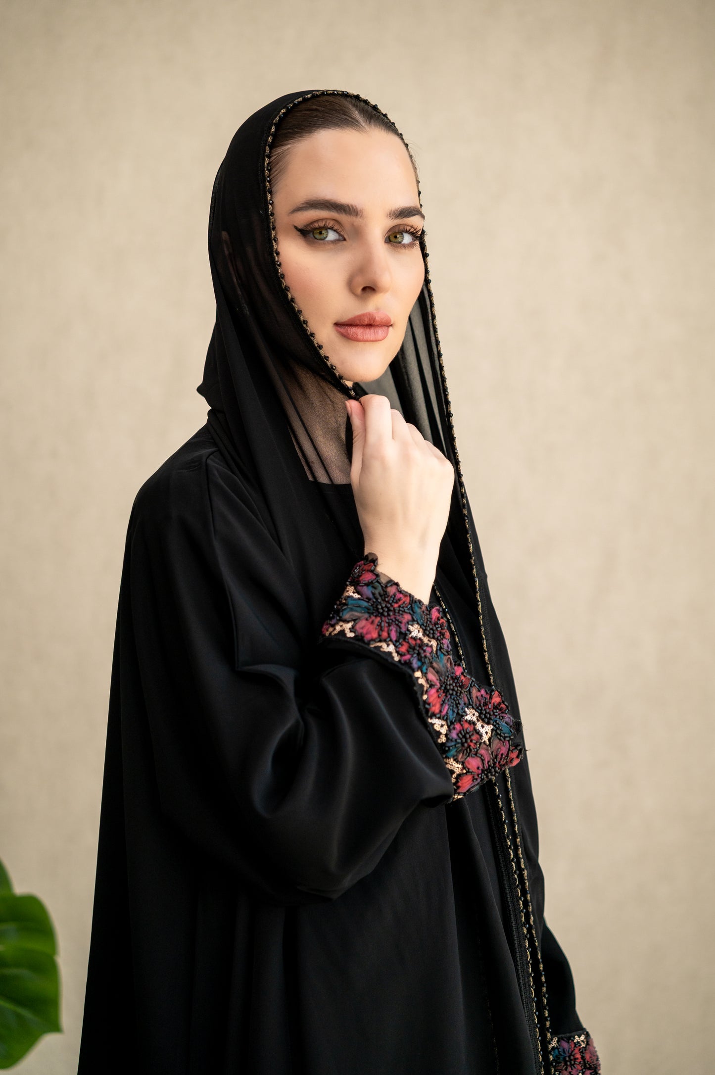 Black Blossom Embroidered Cuff Abaya
