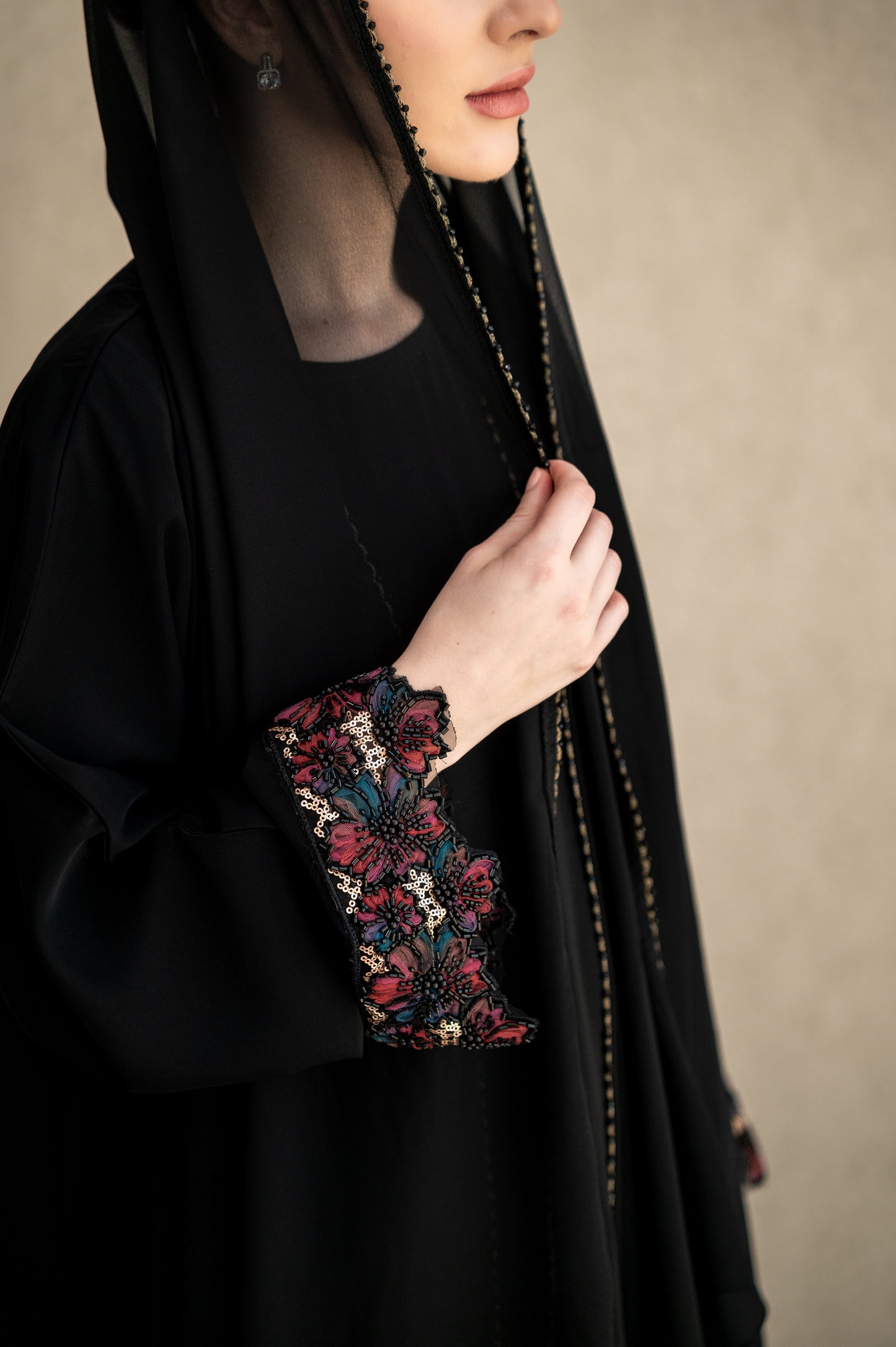Black Blossom Embroidered Cuff Abaya