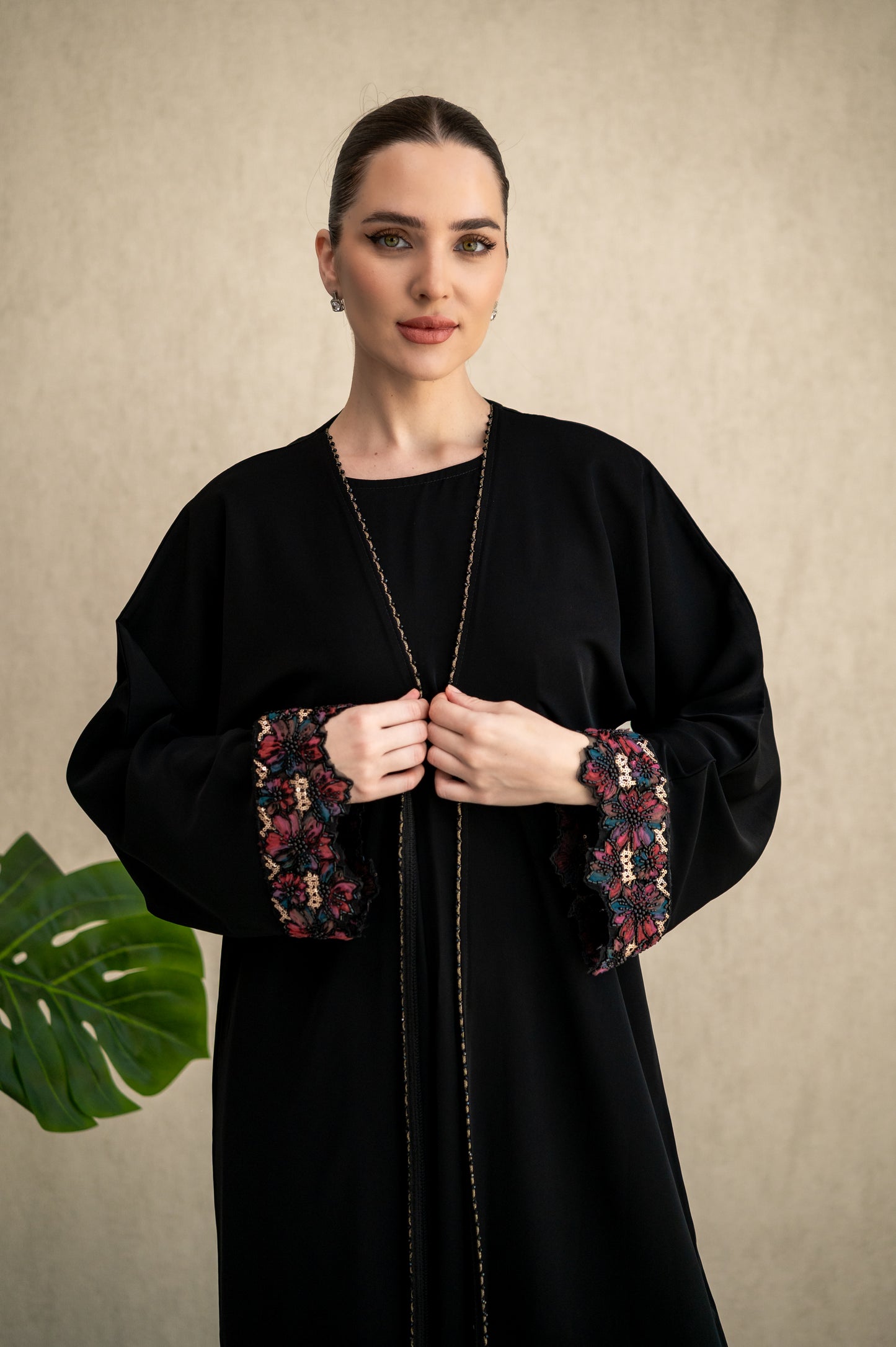 Black Blossom Embroidered Cuff Abaya