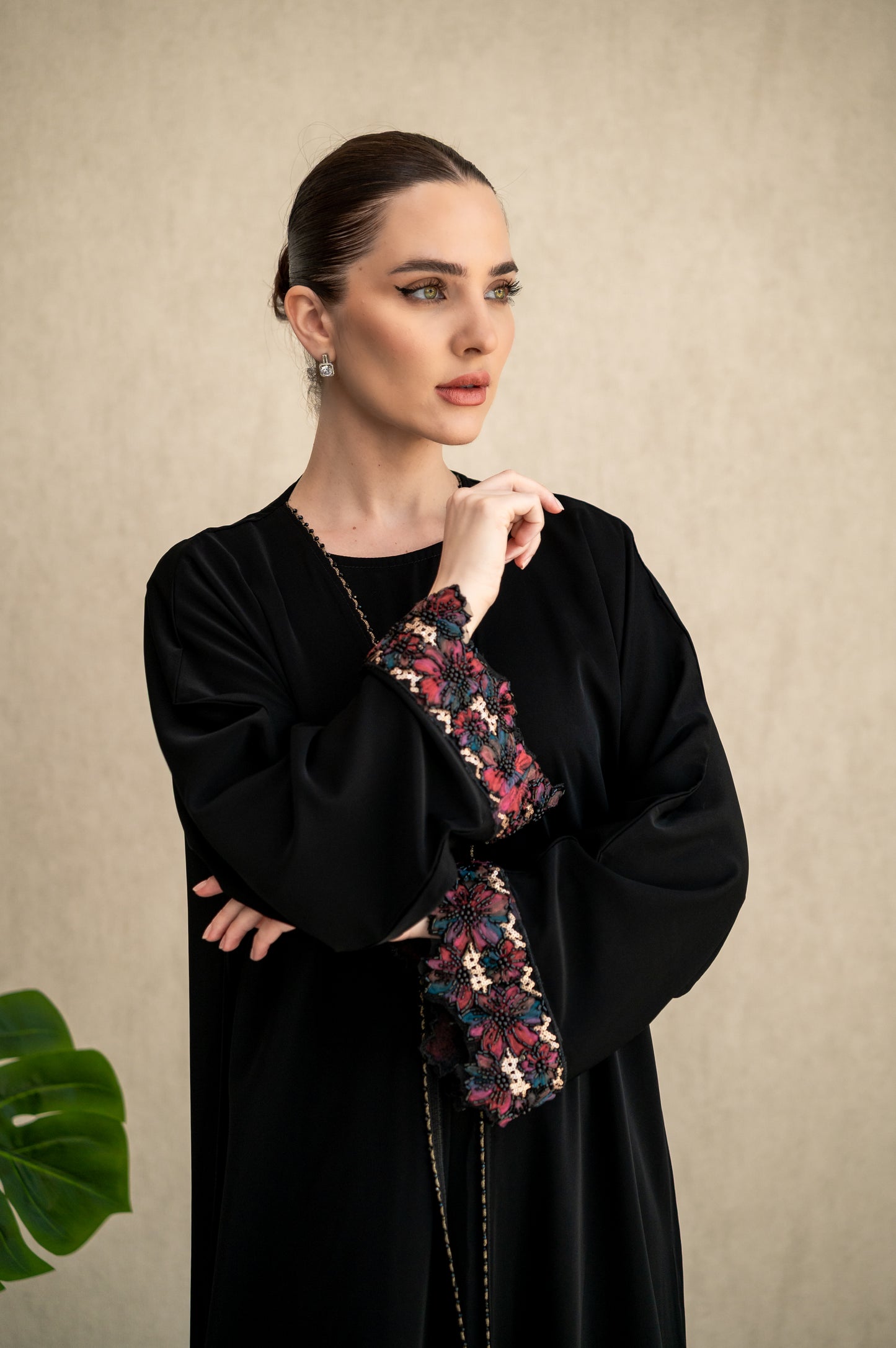 Black Blossom Embroidered Cuff Abaya