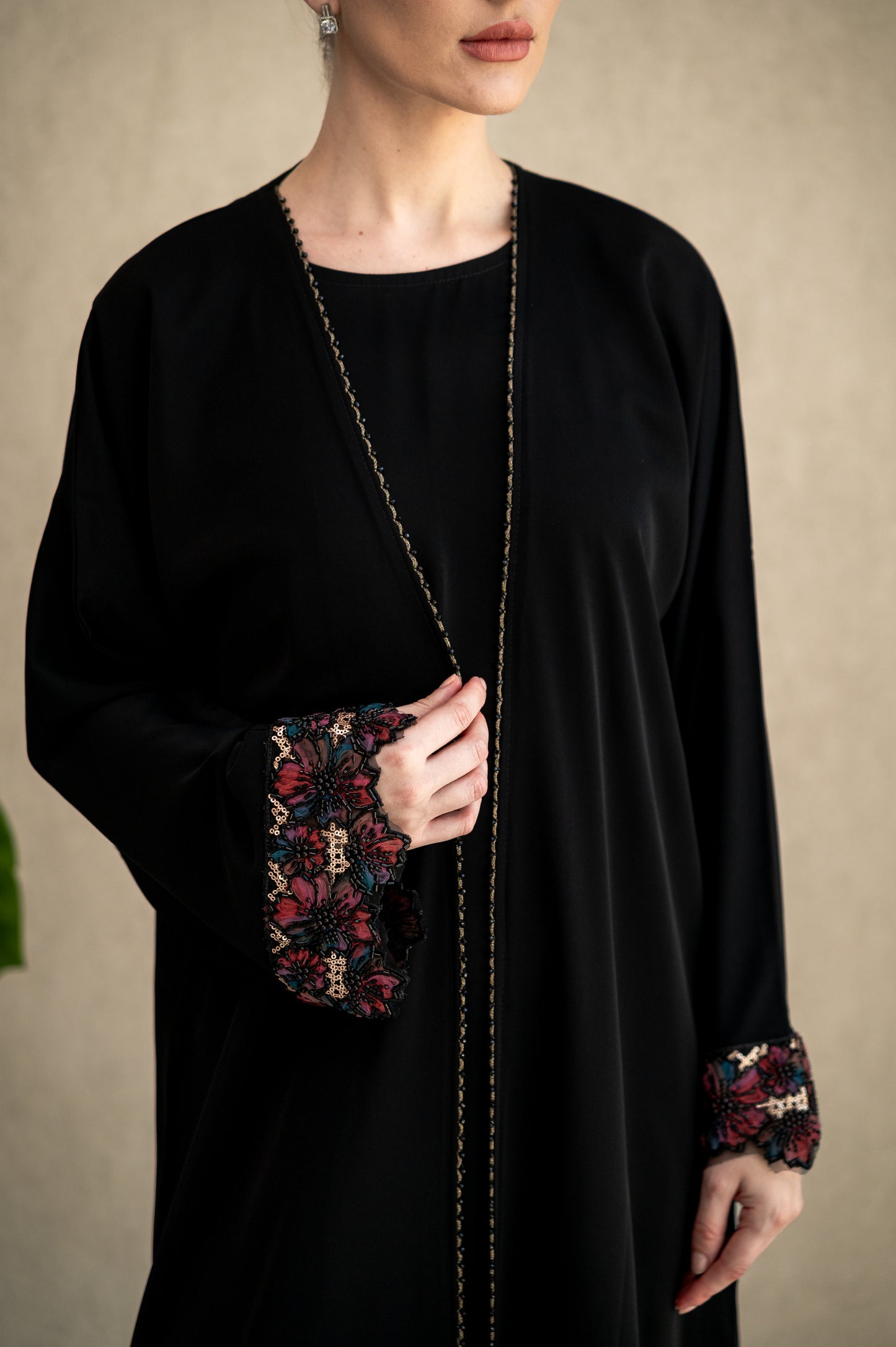 Black Blossom Embroidered Cuff Abaya