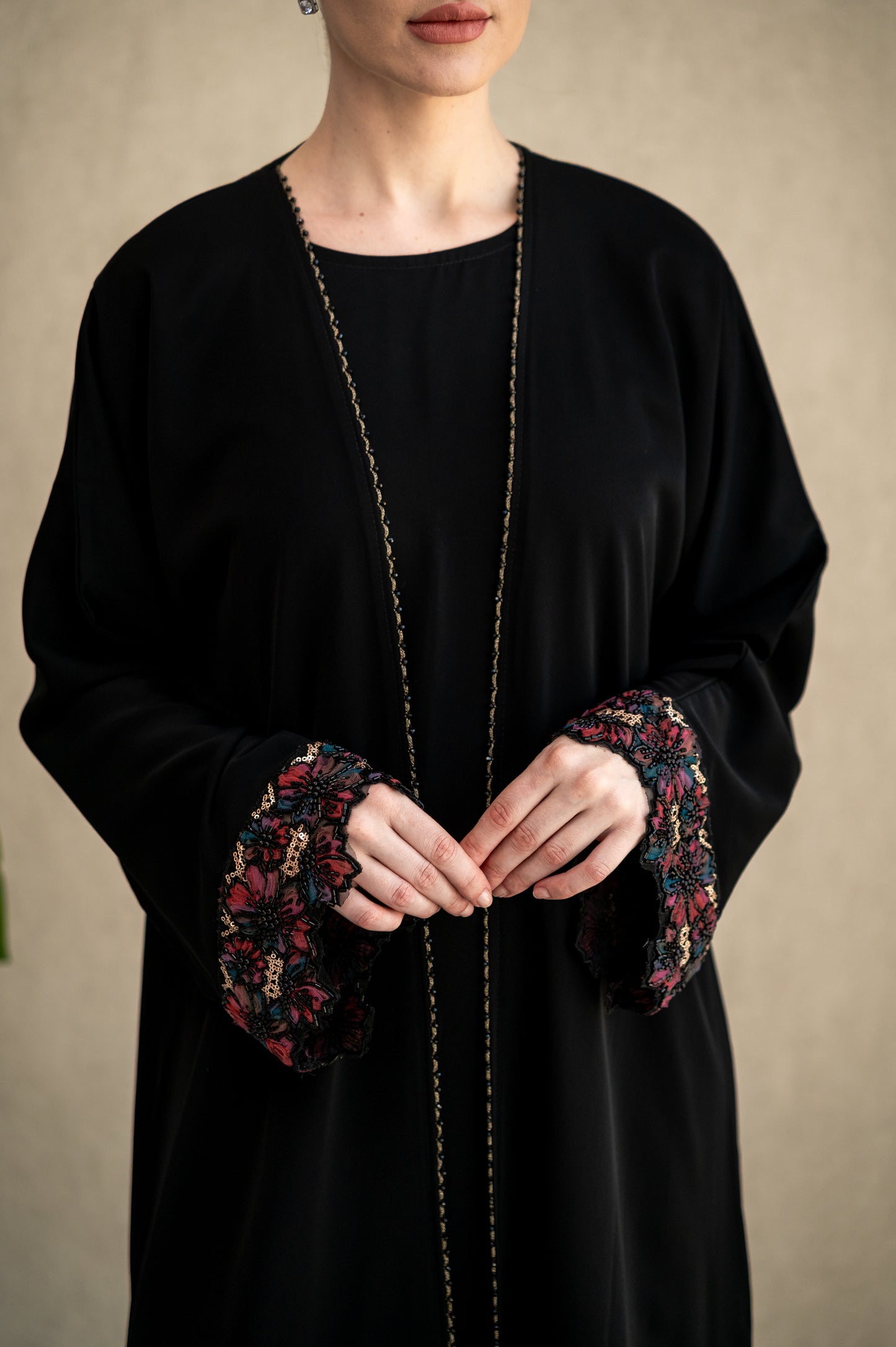 Black Blossom Embroidered Cuff Abaya