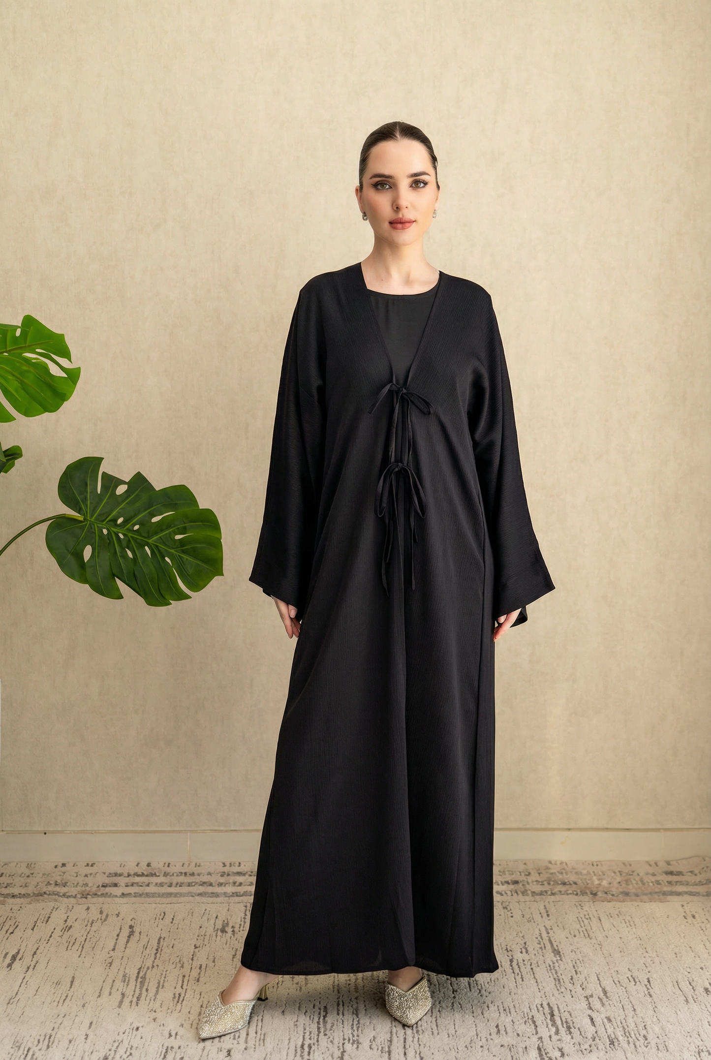 Bow-tie Cardigan abaya set - Black