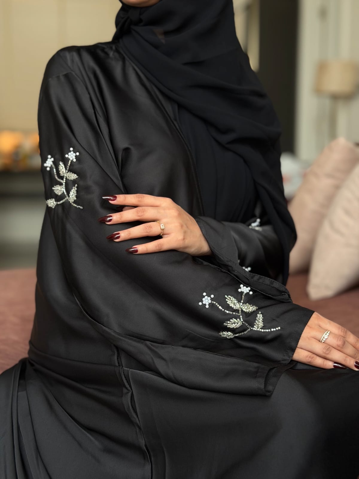 .                                         Noir Silk Embellished Abaya