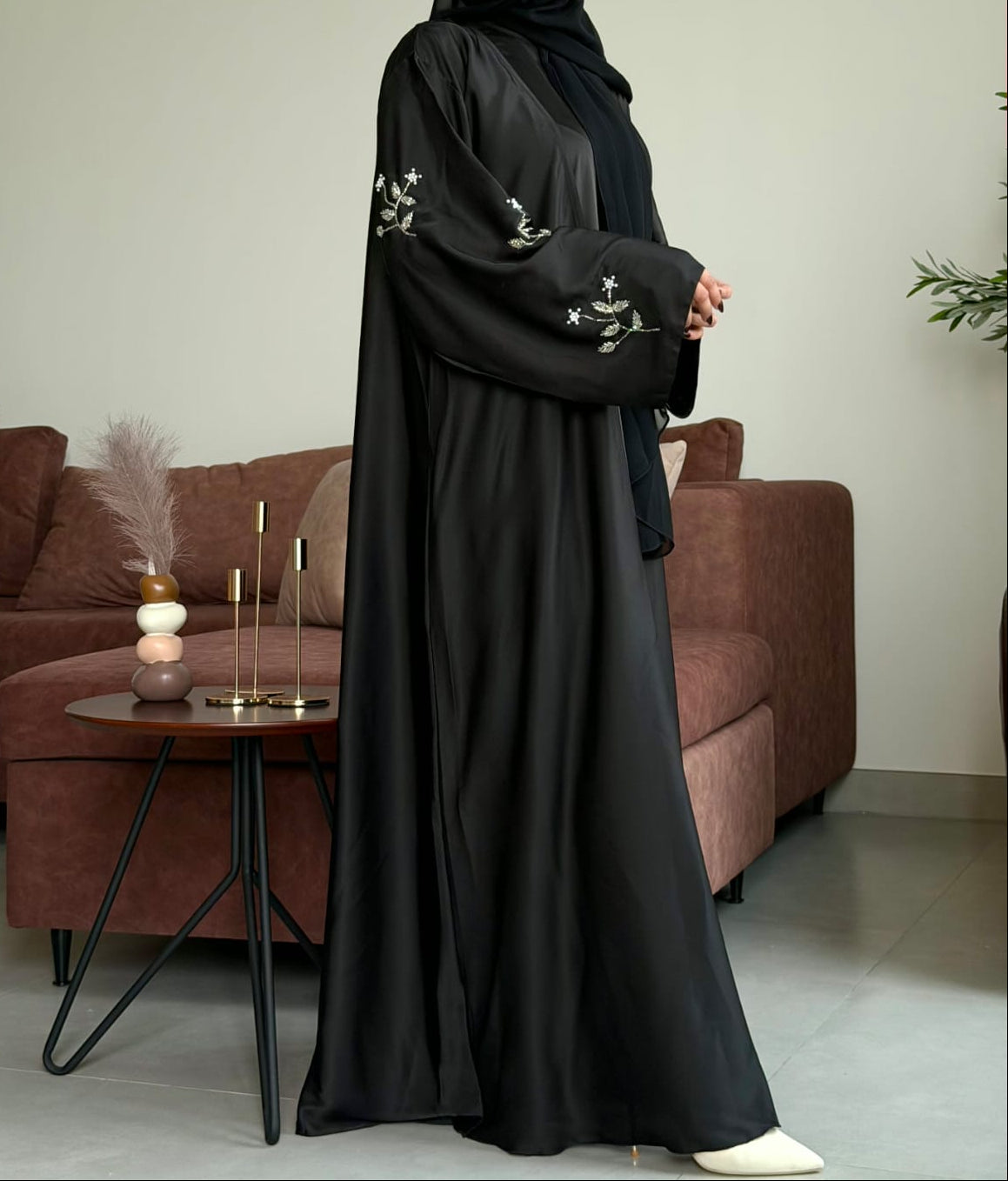 .                                         Noir Silk Embellished Abaya